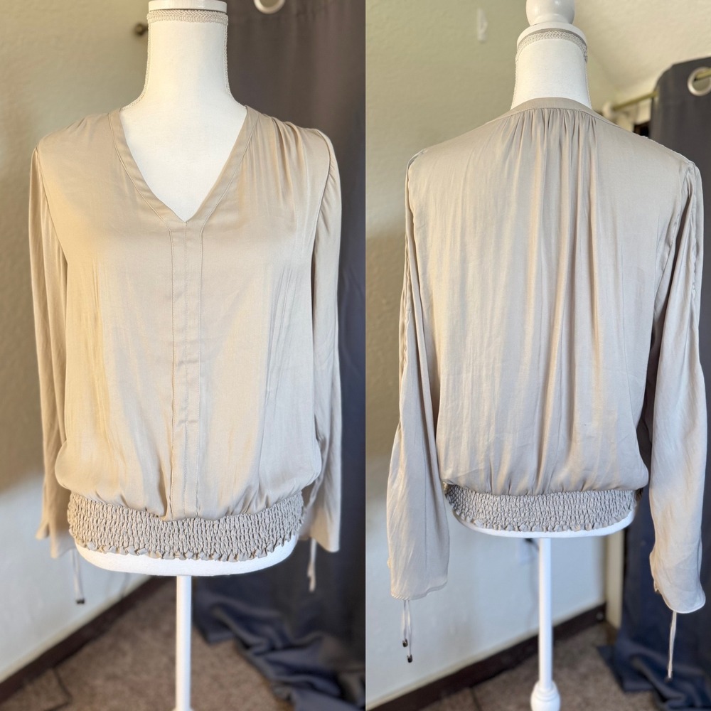 Philosophy V-Neck Blouse  Large Soft Green Tan Smocked Hem Bell Sleeve Boho